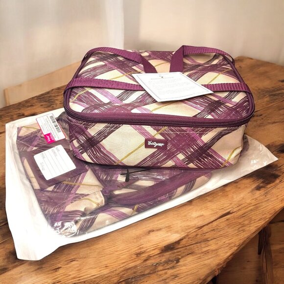 Thirty-One Set of 2 Perfect Potluck Square Thermal Tote Plum Plaid NEW